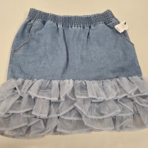 Light Blue Athina Denim Mini Skirt with Ruffled Tulle Hem